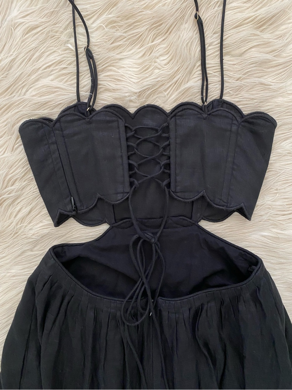 Zimmermann Petite Jude Scallop Midi Dress Black Linen Lace Up Back Vacation 0P - Picture 11 of 16